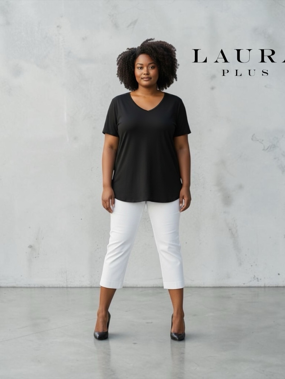 Laura Plus, Black, V-Neck Tunic Top,  1X, Stretch Soft Plus Size